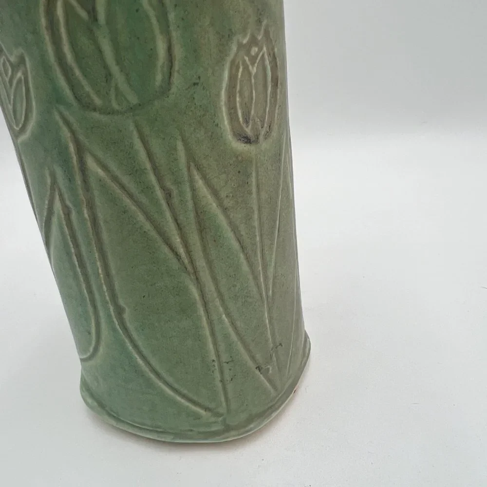 Tulip green studio pottery Asian inspired stamp signed spring vase